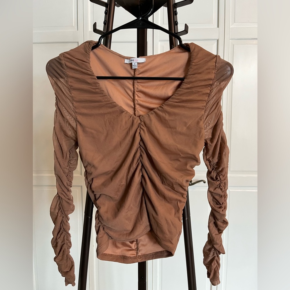 Ruched Brown Long Sleeve Top